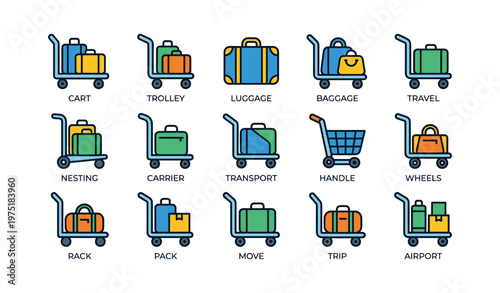 Colorful luggage carts and baggage on wheels for travel and transport
