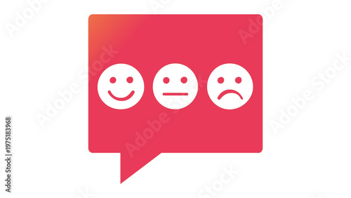 Vector illustration of a colorful speech bubble icon featuring three emoji faces representing happy, neutral, and sad customer feedback ratings for service evaluation, satisfaction surveys, and