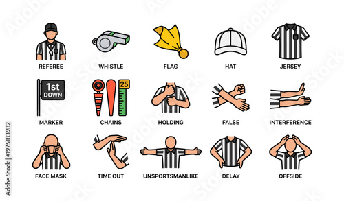 Illustrated symbols of football referee calls and equipment
