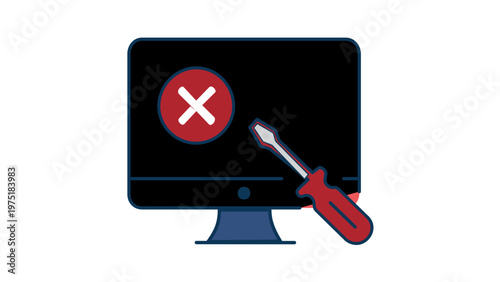 Flat vector illustration of a computer monitor with a red error cross and a screwdriver tool, symbolizing technical support, hardware repair, software troubleshooting, and maintenance services.