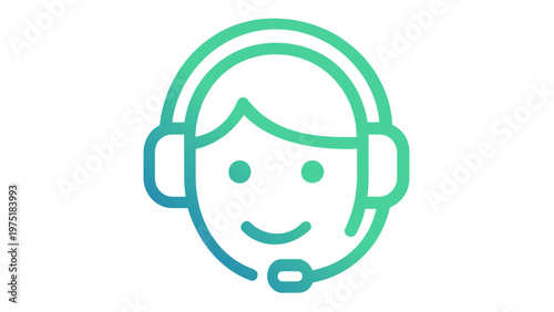Vector icon illustration of a smiling customer service representative wearing a headset with a microphone. Minimalist flat design with a blue and green gradient for business support and help desk.