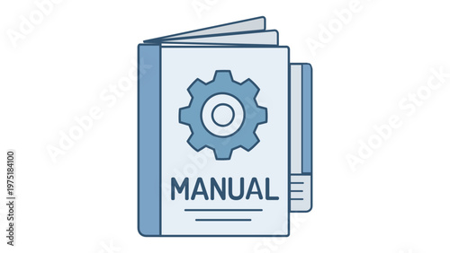 Technical User Manual Vector Icon Illustration Featuring a Book with a Gear Symbol and Instruction Text for Customer Support, Documentation, and Help Guide in a Flat Minimalist Style.