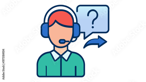 Professional customer service representative vector icon illustration with headset, question mark speech bubble, and reply arrow for help desk, technical support, and call center communication.