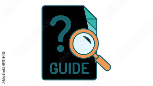 Flat minimalist vector illustration of a black guide document icon with a teal question mark and orange magnifying glass, ideal for help centers, customer support, and information search.