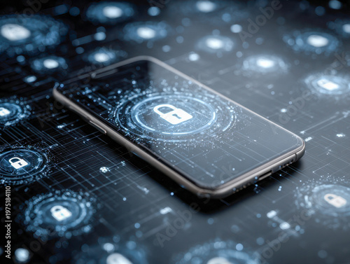 Smartphone with glowing digital security locks and futuristic cyber network background representing data protection and privacy technology concept