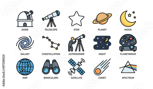 Astronomy icons: telescope, planet, moon, galaxy, astronomer, constellation, satellite, comet