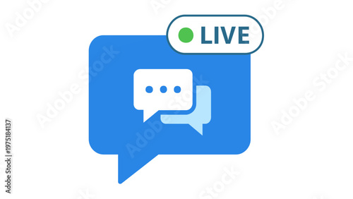 Professional live chat vector icon illustration with blue speech bubbles and a green live status indicator badge for customer support, real-time messaging, and online communication services.