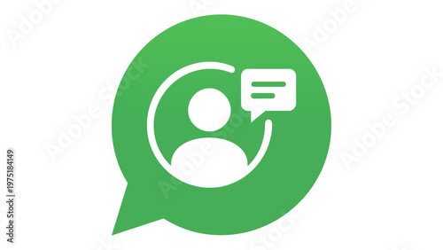 Green live chat icon vector illustration for customer service and online support, featuring a minimalist flat design of a person avatar inside a speech bubble for business communication.