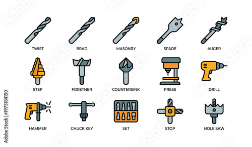 Collection of various drill bits and tools with labels