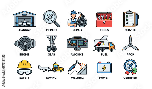 Aviation maintenance icons: hangar, inspect, repair, tools, service