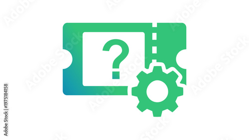 Vector icon illustration of a blue and green gradient support ticket with a question mark and gear cogwheel, representing customer service, technical assistance, and help desk management.