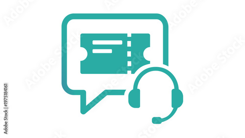 Professional vector illustration of a customer support ticketing system icon with a speech bubble, ticket, and headset in a purple and teal gradient, ideal for help desk, service, and business apps.