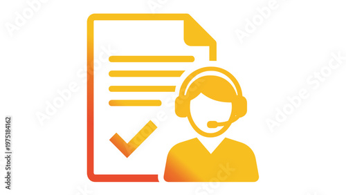 Customer service vector icon illustration featuring a call center agent wearing a headset and a document with a checkmark, symbolizing technical support, help desk assistance, and quality service.