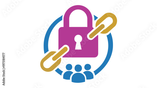 Service Level Agreement (SLA) vector icon illustration featuring a purple padlock, gold chain links, and blue user silhouettes, symbolizing secure business contracts and customer trust.