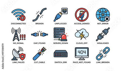 Network issue icons: disconnected, broken, unplugged, errors, misaligned signals