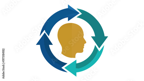 AI-generated vector icon illustration of a human head profile inside a circular arrow loop, representing service level agreement, customer support, business process, and mental cycle.
