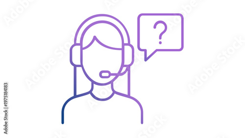 Scalable vector icon illustration of a professional female customer service representative wearing a headset with a question mark speech bubble, ideal for online help desk, support, and assistance.