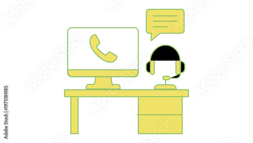 Customer service vector icon illustration featuring a computer monitor with a phone symbol, a headset, and a speech bubble on a desk. Minimalist flat design for support and call center concepts.