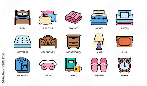 Bedroom essentials icons including bed pillows and lamp for cozy interior design