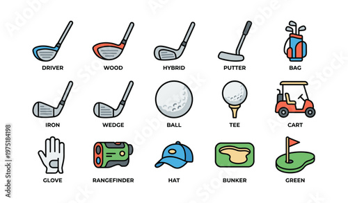 Colorful golf icons set featuring clubs, ball, cart, and course elements