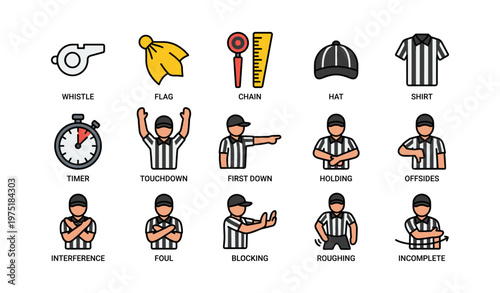 American football referee signals and equipment icons illustration