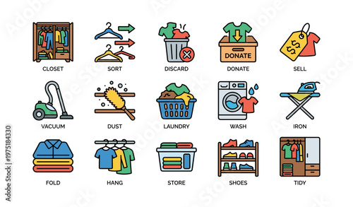 Household chores icons: closet organization to clothes donation and laundry tasks