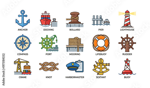 Nautical icons: anchor, docking, bollard, pier, lighthouse, compass, port, mooring, lifebuoy, rudder