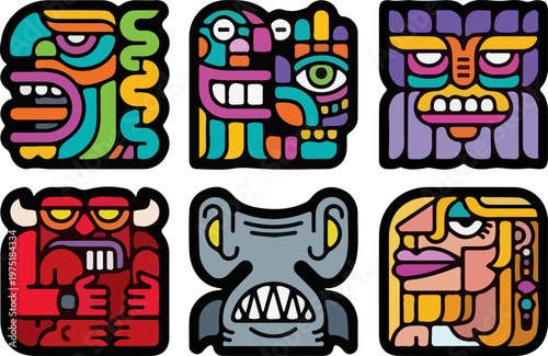 Retro pop art style sticker bundle with bold outlines and bright colors including skull, astronaut, coffee cup, and various abstract tribal faces for urban streetwear and trendy decor