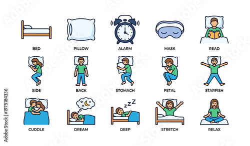 Sleep positions and routines icons with cartoon figures in various rest poses