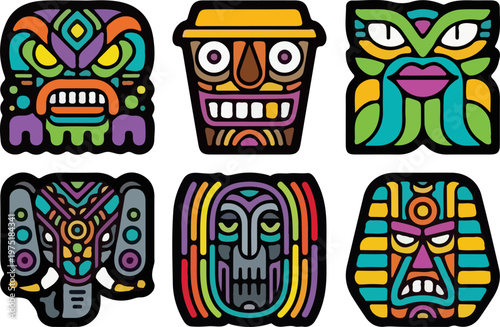 Retro pop art style sticker bundle with bold outlines and bright colors including skull, astronaut, coffee cup, and various abstract tribal faces for urban streetwear and trendy decor.