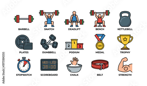 Weightlifting icons: barbells, dumbbells, kettlebell, trophies, medals, and more