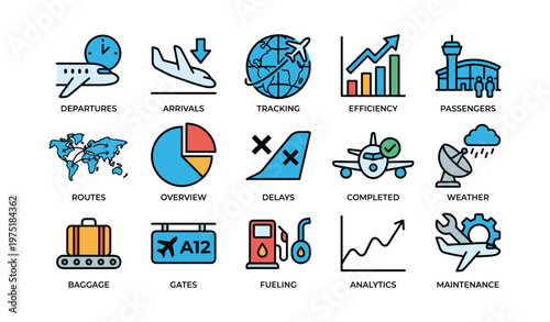 Airport operations icons: travel, arrivals, weather, analytics, fueling, baggage, gates, delays