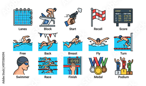 Competitive swimming events: races, styles, and victory celebrations in graphics