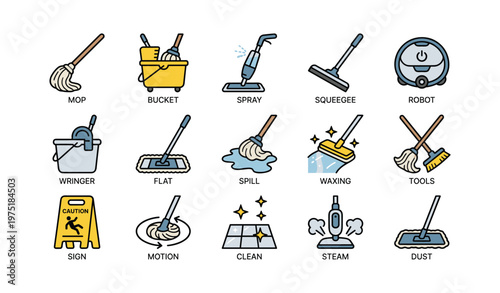 Cleaning tools and equipment: mop, bucket, spray, squeegee, robot vacuum icons
