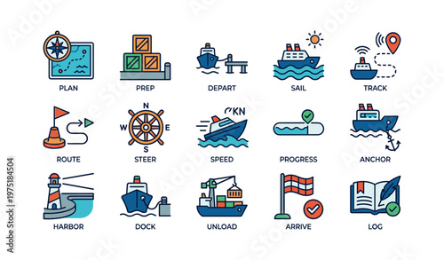 Nautical symbols and actions: icons depicting maritime activities