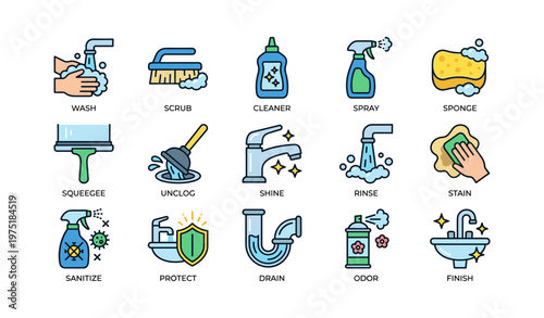 Household cleaning equipment icons for wash, scrub, cleaner, spray, sponge