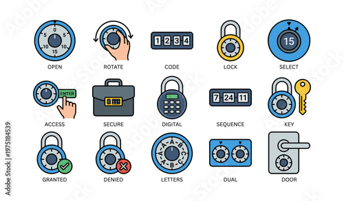 Combination lock icons: secure access and digital code sequence for safety and key entry