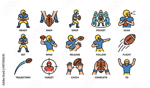 American football play icons: pass sequence and poses