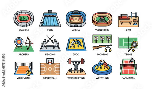 Icons of various sports activities: stadiums, pools, and arenas