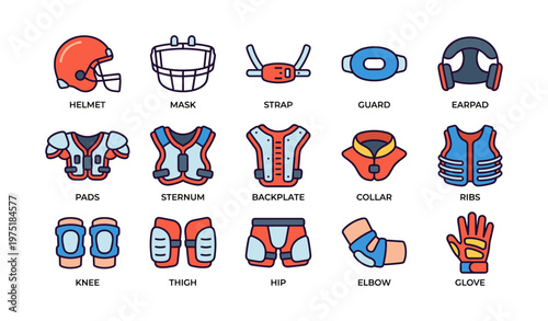 American football protective gear icons in bold colors and simple style