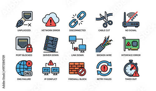 Technology error icons illustrating network issues and connection problems