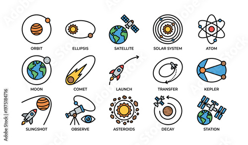 Space exploration icons: orbit, satellite, solar system, moon, comet, asteroids, decay