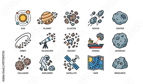 Solar system exploration icons with planets, asteroids, and space technology
