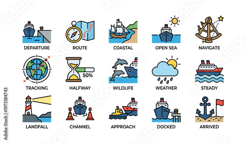 Nautical icons: departure to arrival with navigation and wildlife