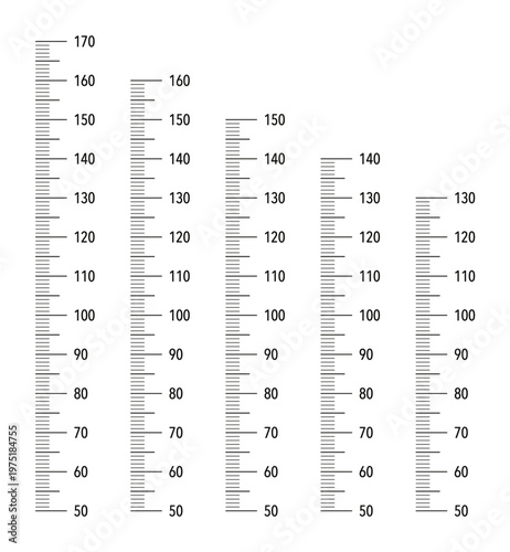 Kids height chart from 50 cm to 130, 140, 150, 160 and 170 centimeters. Wall growth 130 cm, 140 cm, 150 cm, 160 cm and 170 cm sticker isolated on a white. Meter wall or growth ruler.