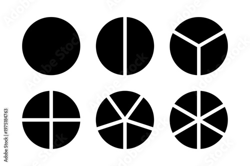 Infographic minimalist icons collection. Coaching blank mockup.Circle division on 1 2 3 4 5 6 black equal parts. Pizza, pie chart layout. Wheel round divided diagrams from one to six segments