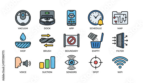 Smart vacuum cleaner icons: app, schedule, sensors, wifi, voice control