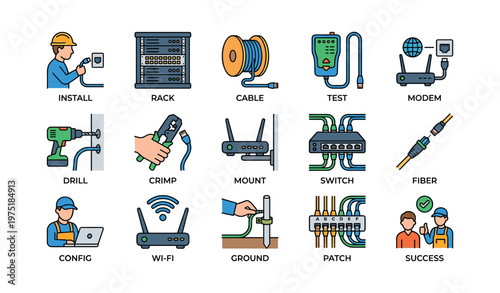 Network installation and maintenance tools icons including modem, cable, and router
