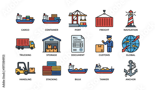 Shipping and logistics icons: cargo, port, freight, customs, navigation
