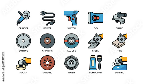 Illustrated tools set: grinders, cutting discs, polishers, and buffing equipment